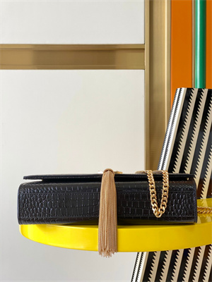 Y.S.L KATE MEDIUM TASSEL IN CROCODILE EMBOSSED Leather Gold Tone Metal Black Color
