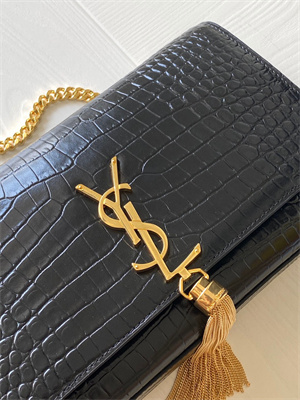 Y.S.L KATE MEDIUM TASSEL IN CROCODILE EMBOSSED Leather Gold Tone Metal Black Color