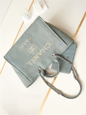 Cha.nel Deauville Large Shopping Bag Washed Denim Silver Tone Metal A66941