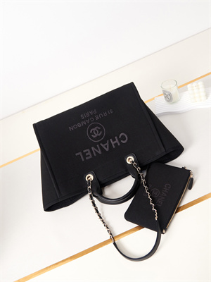 Cha.nel Deauville Large Shopping Bag Mixed Fibers Gold Tone Metal Black A66941