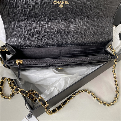 Cha.nel Wallet On Chain Grained Calfskin Gold Tone Metal Black AP3019