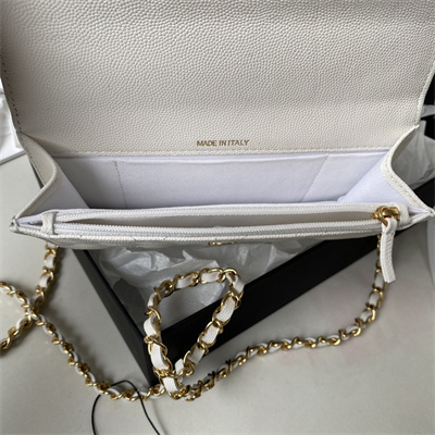 Cha.nel Wallet On Chain Grained Calfskin Gold Tone Metal White AP3021