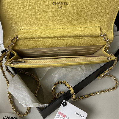 Cha.nel Wallet On Chain Grained Calfskin Gold Tone Metal Yellow AP3180