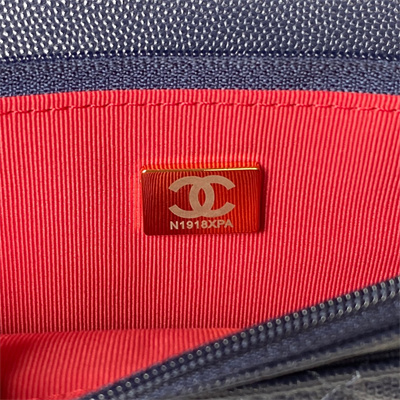 Cha.nel Wallet On Chain Grained Calfskin Gold Tone Metal Navy AP3180