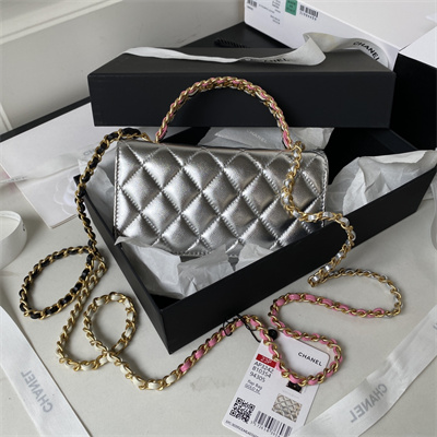 Cha.nel Wallet On Chain With Handel Shinny Calfskin Gold Tone Metal Silver AP3242