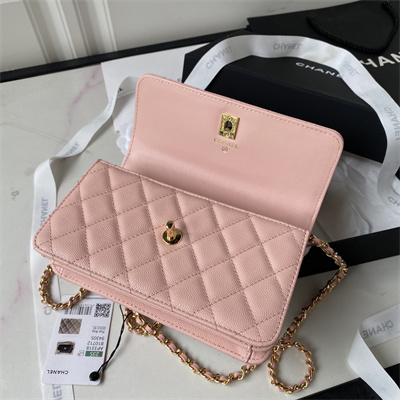 Cha.nel Wallet On Chain Grained Calfskin Gold Tone Metal Pink AP3318