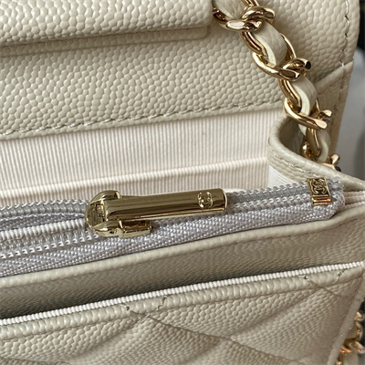 Cha.nel Wallet On Chain Grained Calfskin Gold Tone Metal Cream AP3336