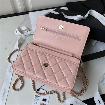 Cha.nel Wallet On Chain Grained Calfskin Gold Tone Metal Pink AP3336