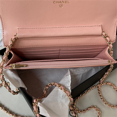 Cha.nel Wallet On Chain Grained Calfskin Gold Tone Metal Pink AP3336