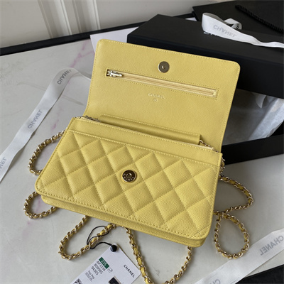 Cha.nel Wallet On Chain Grained Calfskin Gold Tone Metal Yellow AP3336
