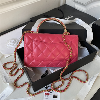 Cha.nel Wallet On Chain With Top Handle Lambskin Gold Tone Metal Peach Blossom AP3381