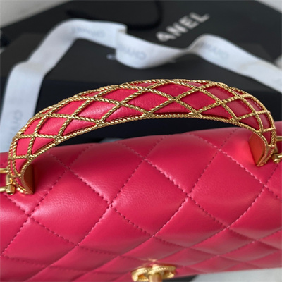 Cha.nel Wallet On Chain With Top Handle Lambskin Gold Tone Metal Peach Blossom AP3381