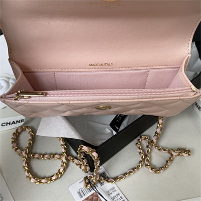 Cha.nel Wallet On Chain With Top Handle Shiny Calfskin Gold Tone Metal Pink AP3385