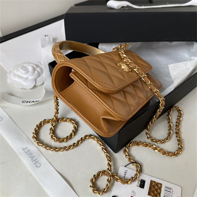 Cha.nel Wallet On Chain With Top Handle Shiny Calfskin Gold Tone Metal Caramel AP3385