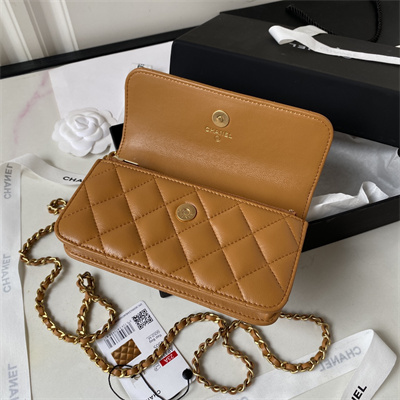 Cha.nel Wallet On Chain With Top Handle Shiny Calfskin Gold Tone Metal Caramel AP3385