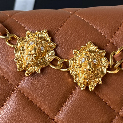 Cha.nel Wallet On Chain Lambskin Gold Tone Metal Little lion Caramel AP3424
