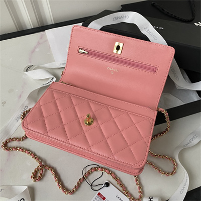 Cha.nel Wallet On Chain With Top Handle Lambskin Gold Tone Metal Pink AP3504