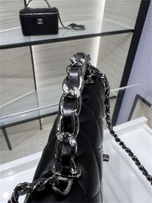 Cha.nel Wallet On Chain With Top Handle Shiny Calfskin Silver Tone Metal Black AP3566