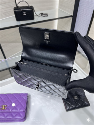 Cha.nel Wallet On Chain With Top Handle Shiny Calfskin Silver Tone Metal Black AP3566