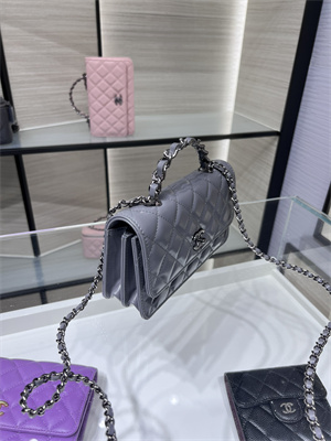 Cha.nel Wallet On Chain With Top Handle Shiny Calfskin Silver Tone Metal Grey AP3566