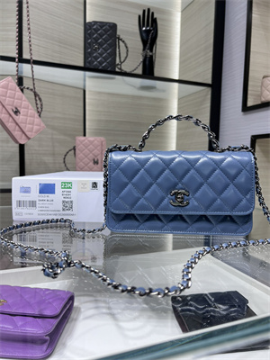 Cha.nel Wallet On Chain With Top Handle Shiny Calfskin Silver Tone Metal Blue AP3566