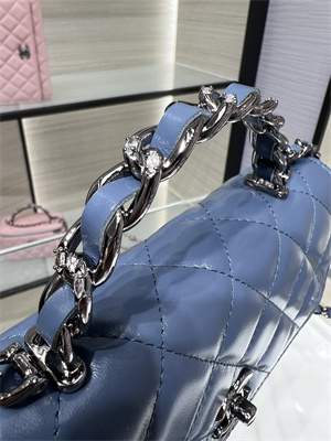 Cha.nel Wallet On Chain With Top Handle Shiny Calfskin Silver Tone Metal Blue AP3566