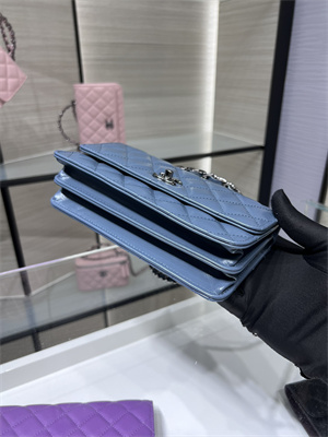 Cha.nel Wallet On Chain With Top Handle Shiny Calfskin Silver Tone Metal Blue AP3566