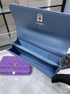 Cha.nel Wallet On Chain With Top Handle Shiny Calfskin Silver Tone Metal Blue AP3566