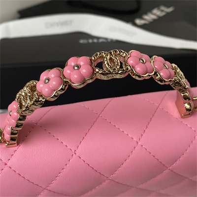 Cha.nel Wallet On Chain With Top Handle Lambskin Gold Tone Metal Pink AP3574