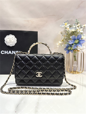 Cha.nel Wallet On Chain With Top Handle Lambskin Gold Tone Metal Black AP3574