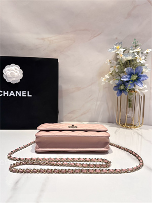Cha.nel Wallet On Chain With Top Handle Lambskin Gold Tone Metal Light Pink AP3574