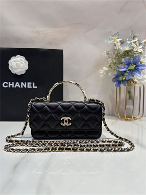 Cha.nel Wallet On Chain With Top Handle Lambskin Gold Tone Metal Black AP3575