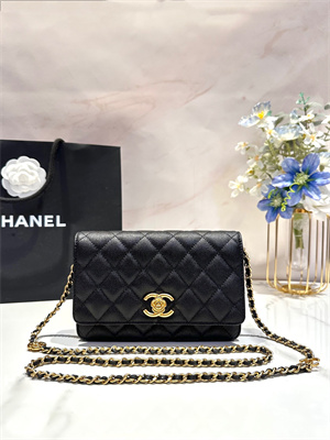 Cha.nel Wallet On Chain Grained Calfskin Gold Tone Metal Black AP3580