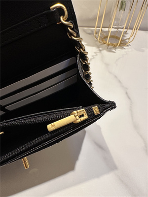 Cha.nel Wallet On Chain Grained Calfskin Gold Tone Metal Black AP3580