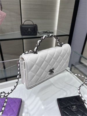 Cha.nel Wallet On Chain With Top Handle Shiny Calfskin Silver Tone Metal White AP3645