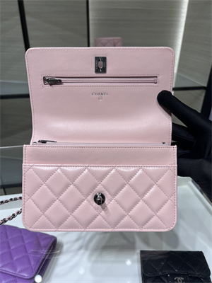 Cha.nel Wallet On Chain With Top Handle Shiny Calfskin Silver Tone Metal Pink AP3645