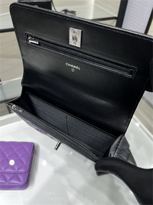 Cha.nel Wallet On Chain With Top Handle Shiny Calfskin Silver Tone Metal Black AP3645