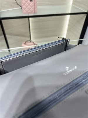 Cha.nel Wallet On Chain With Top Handle Shiny Calfskin Silver Tone Metal Grey AP3645