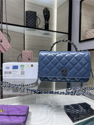 Cha.nel Wallet On Chain With Top Handle Shiny Calfskin Silver Tone Metal Blue AP3645