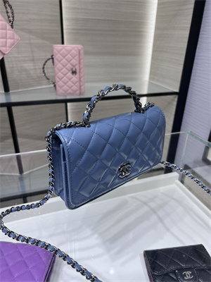 Cha.nel Wallet On Chain With Top Handle Shiny Calfskin Silver Tone Metal Blue AP3645