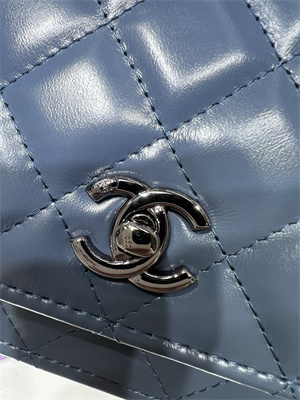 Cha.nel Wallet On Chain With Top Handle Shiny Calfskin Silver Tone Metal Blue AP3645