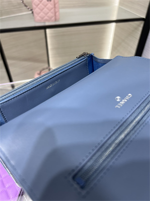 Cha.nel Wallet On Chain With Top Handle Shiny Calfskin Silver Tone Metal Blue AP3645