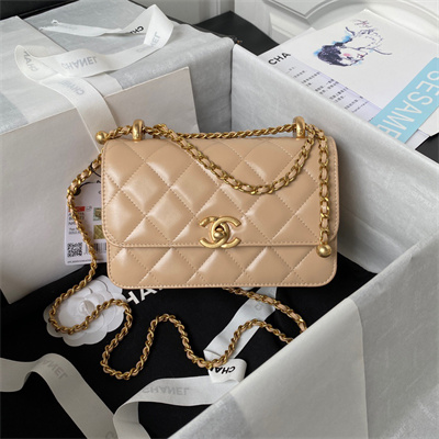 Cha.nel Mini Flap Bag Calfskin With Gold Ball Gold Tone Metal Beige AS2615