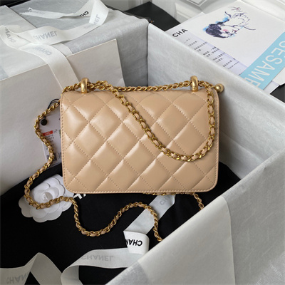 Cha.nel Mini Flap Bag Calfskin With Gold Ball Gold Tone Metal Beige AS2615