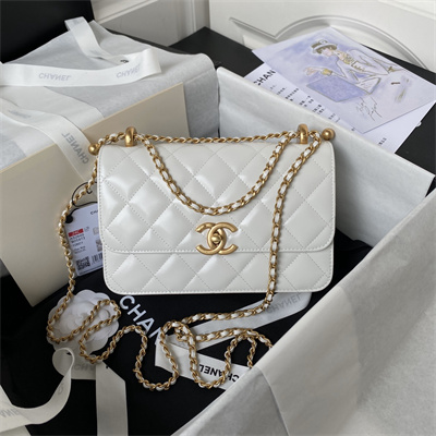 Cha.nel Small Flap Bag Calfskin With Gold Ball Gold Tone Metal White AS2649