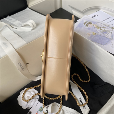 Cha.nel Small Flap Bag Calfskin With Gold Ball Gold Tone Metal Beige AS2649