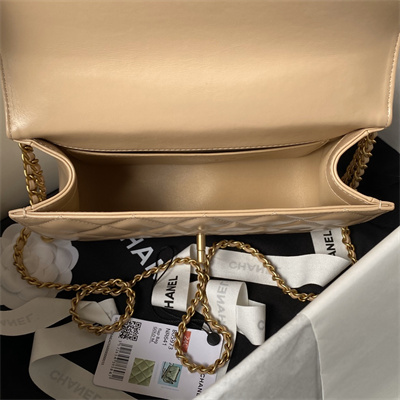 Cha.nel Small Flap Bag Calfskin With Gold Ball Gold Tone Metal Beige AS2649