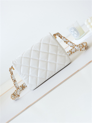Cha.nel Flap Bag Aged Calfskin Gold Tone Metal White AS4423