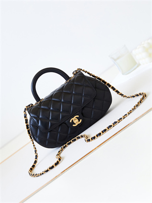 Cha.nel Flap Bag With Top Handle Lambskin Gold Tone Metal Black AS4569
