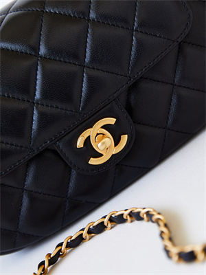 Cha.nel Flap Bag With Top Handle Lambskin Gold Tone Metal Black AS4569